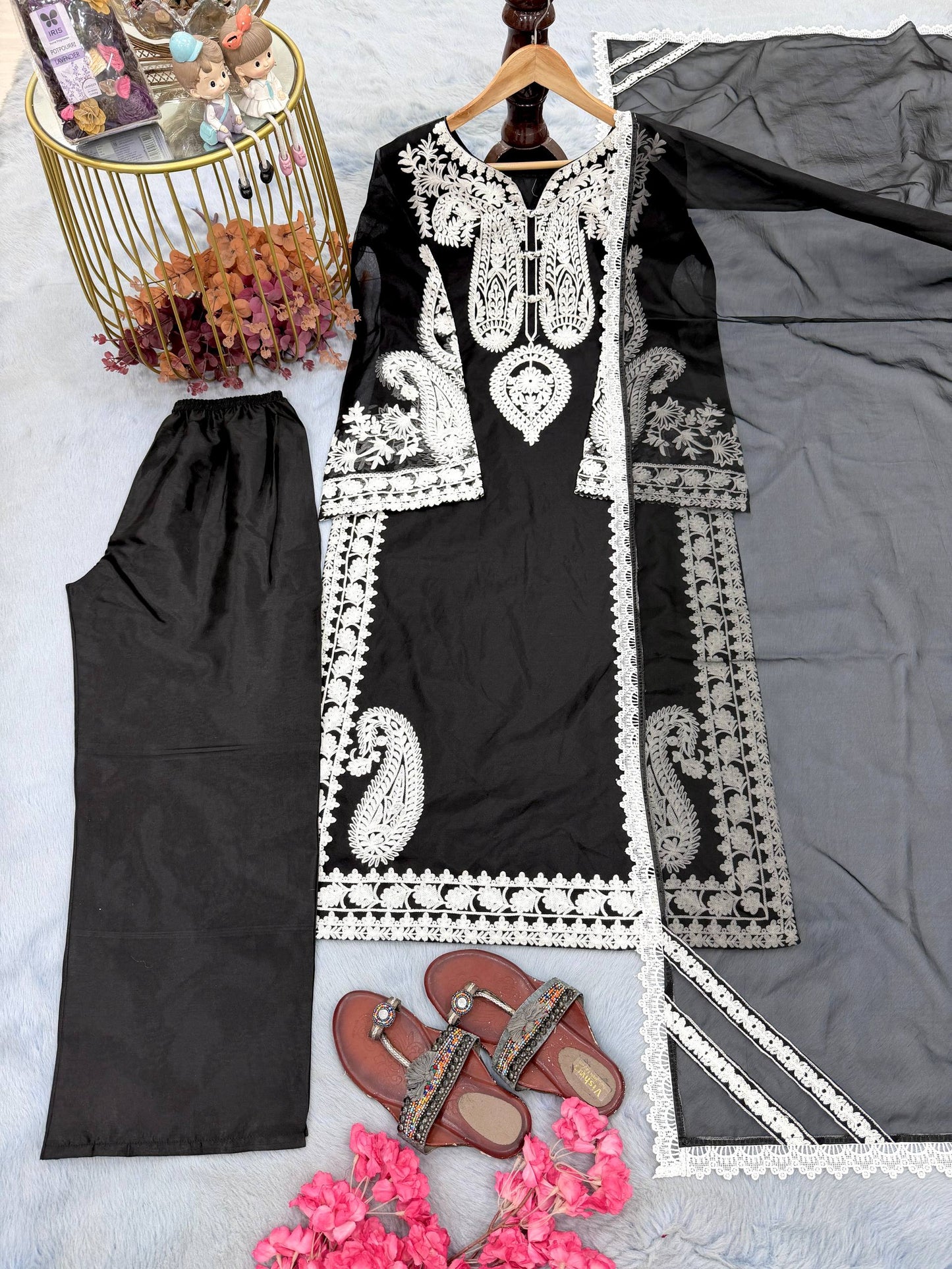 Elegant Designer Party Wear Set with Pure Soft Nylon Organza Silk Top, Palazzo Pants & Dupatta