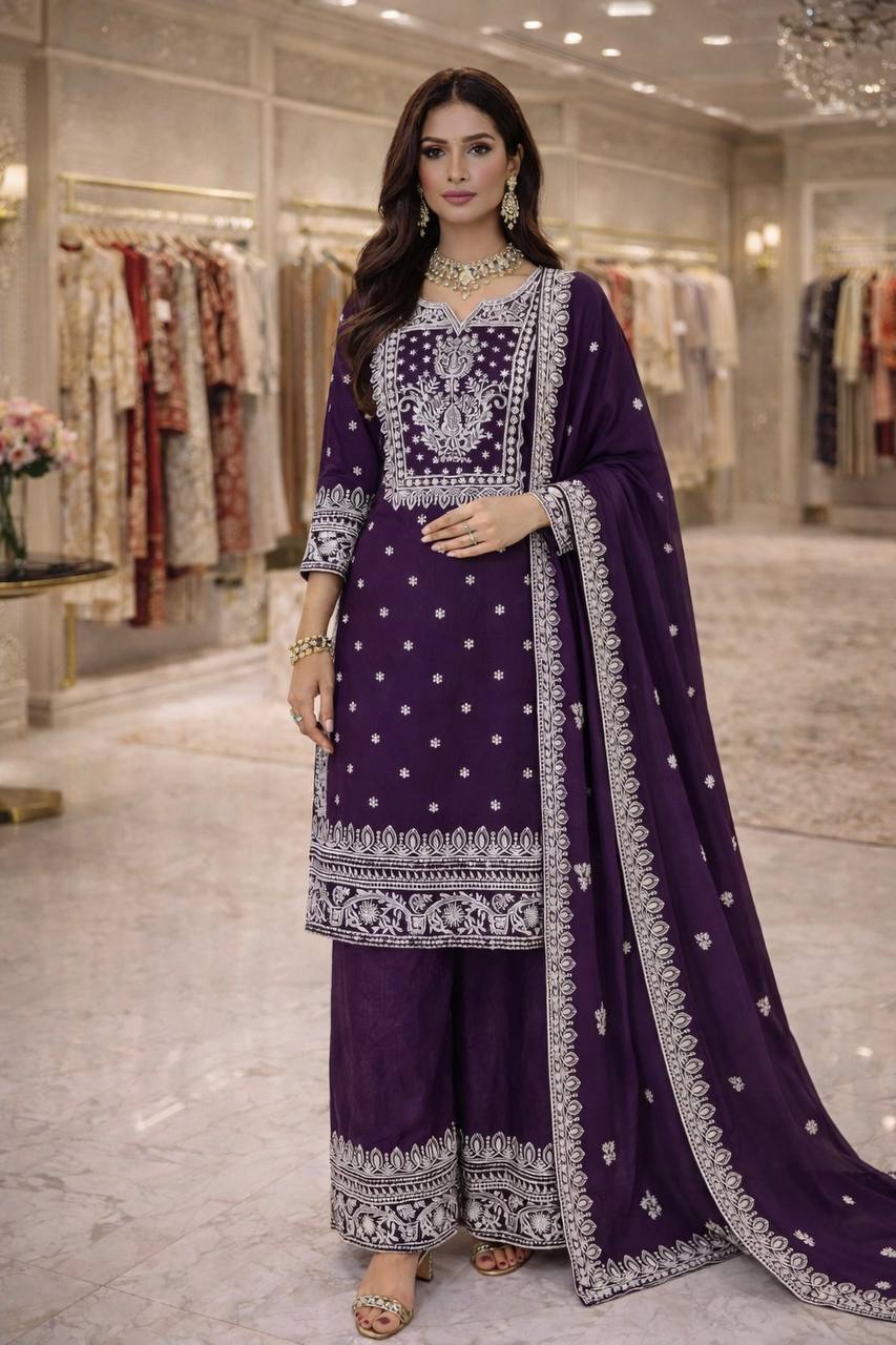 RangBhoomi Designer Party Wear Collection – Elegant Heavy Fandy Silk Ensemble with Embroidered Cotton Threads and Sequins