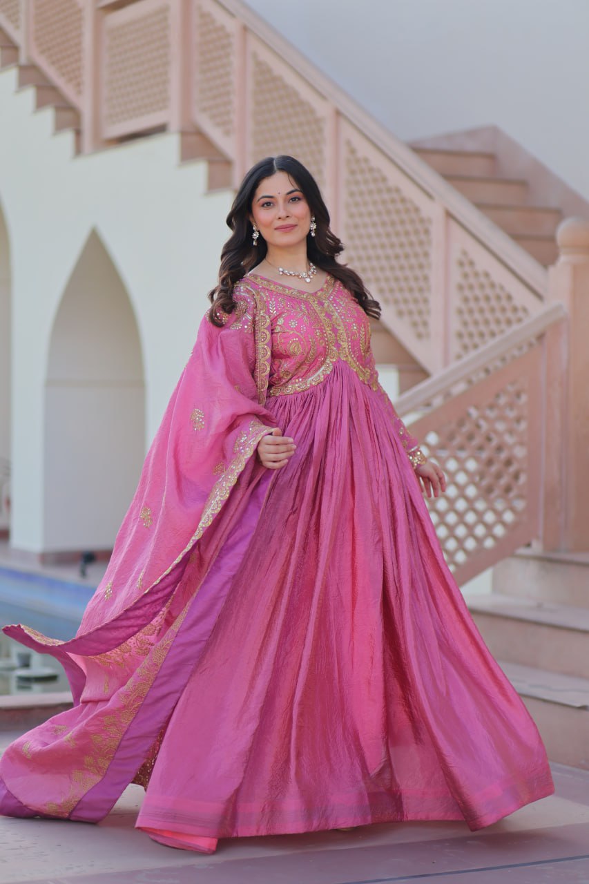 Trending Gold Gown: Crush Fabric, Embroidered Dupatta