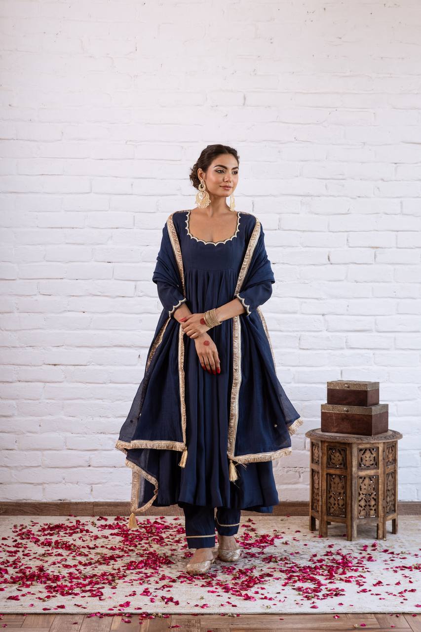Elegant Anarkali Evening Gown with Beaded Detailing, Full Sleeves, and Vichitra Silk Fabric - Includes Bottom and Dupatta