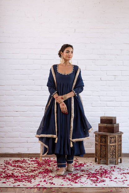 Elegant Anarkali Evening Gown with Beaded Detailing, Full Sleeves, and Vichitra Silk Fabric - Includes Bottom and Dupatta