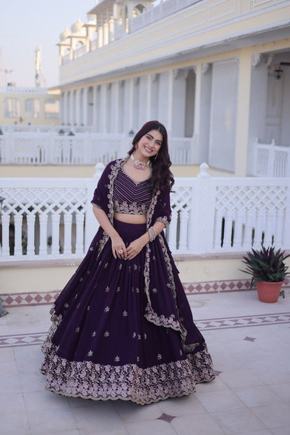 Elegant Lehenga Choli and Dupatta Set with Intricate Sequins and Zari Embroidery