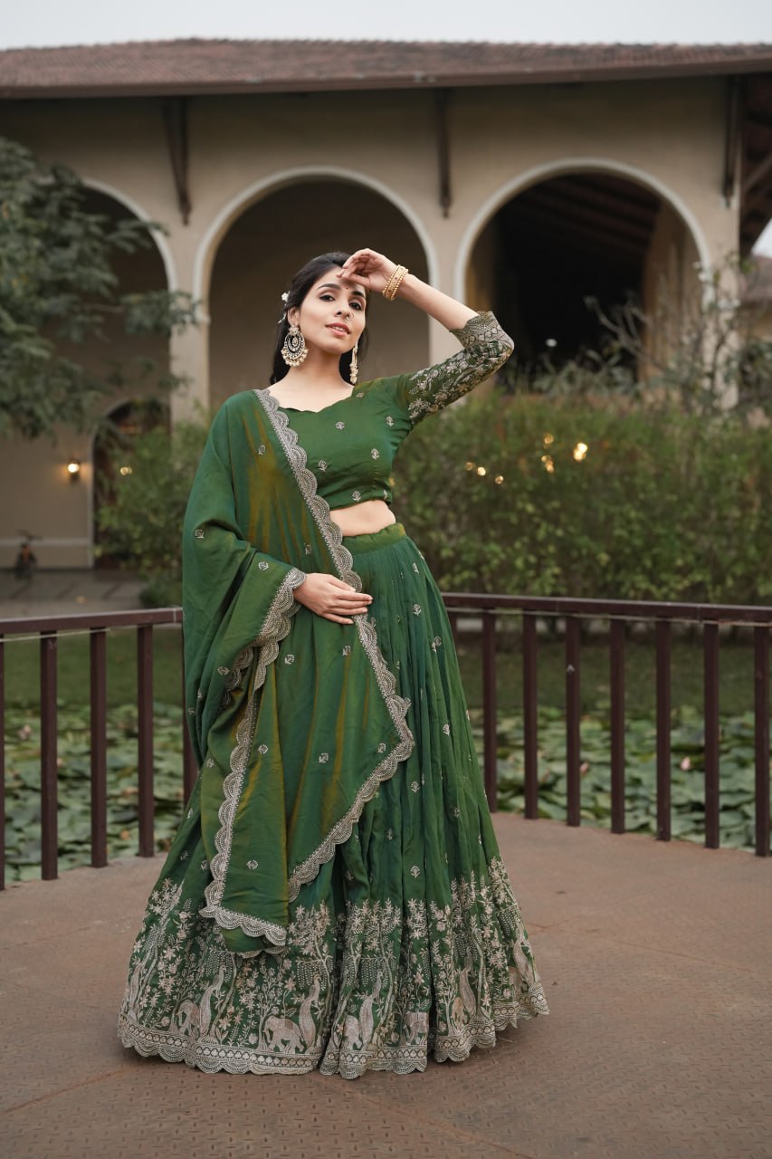Elegant Olive Green Embroidered Lehenga Set for Festive and Wedding Celebrations