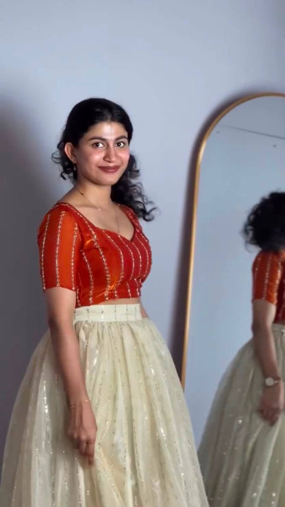 Fully Stitched Space Silk Lehenga Set with Sequins Embroidery — L/XL