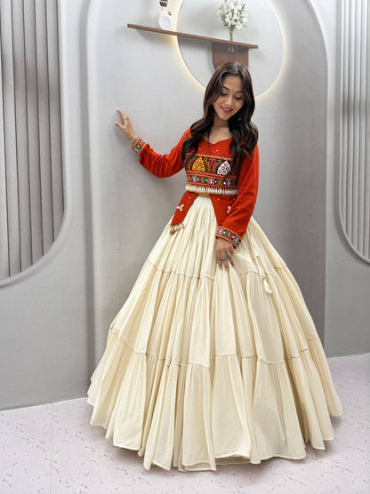 RangBhoomi Navratri Hand-Work 9m Flair Lehenga Choli - Pure Cotton Top & Kora Cotton Skirt