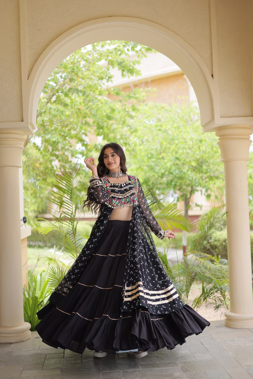 RangBhoomi Navratri 2026 Lehenga & Kurti Set – Kora Cotton Lehenga with Bandhni Faux Georgette Kurti (L, 40" Stitched)