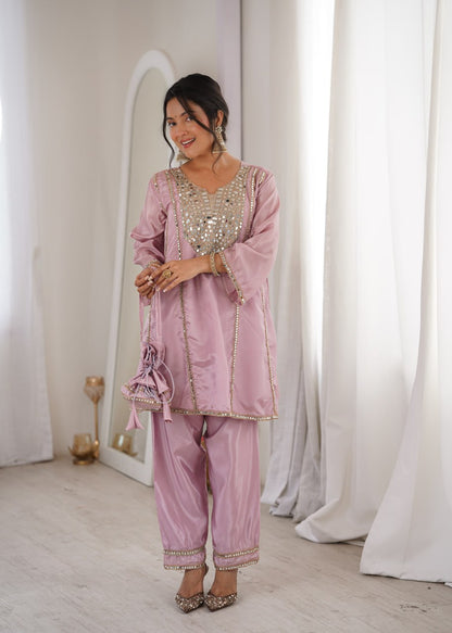Ready-to-Wear Kurti and Pant Set with Decorative Drawstring Bag - Mirror Embroidered Collection 2026