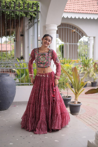RangBhoomi Bandhni Faux Georgette Full-Stitched Lehenga Set with Designer Square Neck Blouse