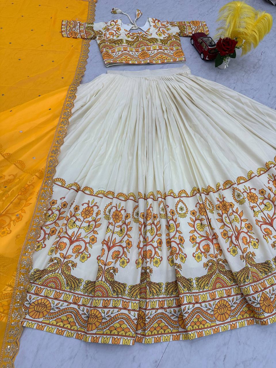 Complete Kalamkari lehenga choli set showcasing lehenga flair.