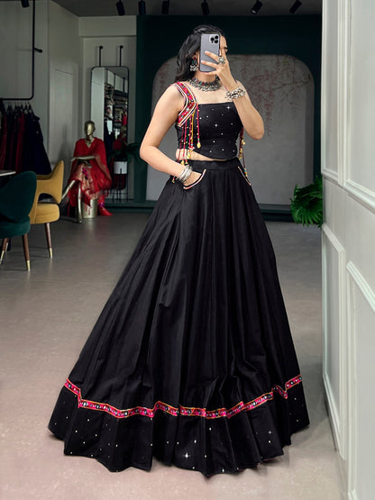 RangBhoomi Black Cotton Mirror-Work Lehenga for Navratri — 5m Flair with Multicolor Tassels