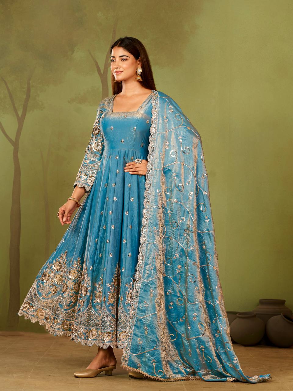 RangBhoomi Designer Party Wear Gown Set — 10 Colors, Heavy Jelly Shimmer Silk, Fully Stitched Embroidered Gown with Dupatta & Micro-Cotton Pant
