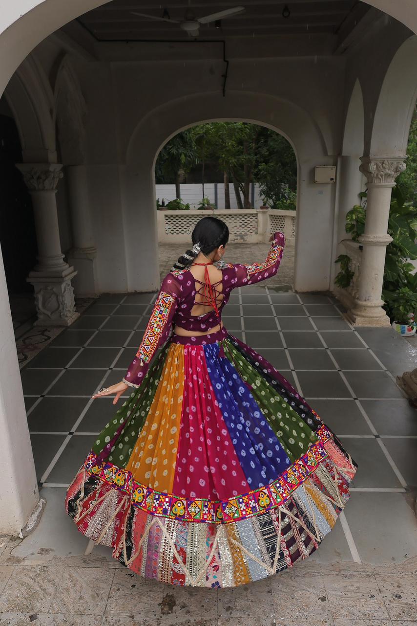 Navratri Festival Full-Stitched Georgette Lehenga Choli with Vintage and Kutchi Gamthi Embellishments