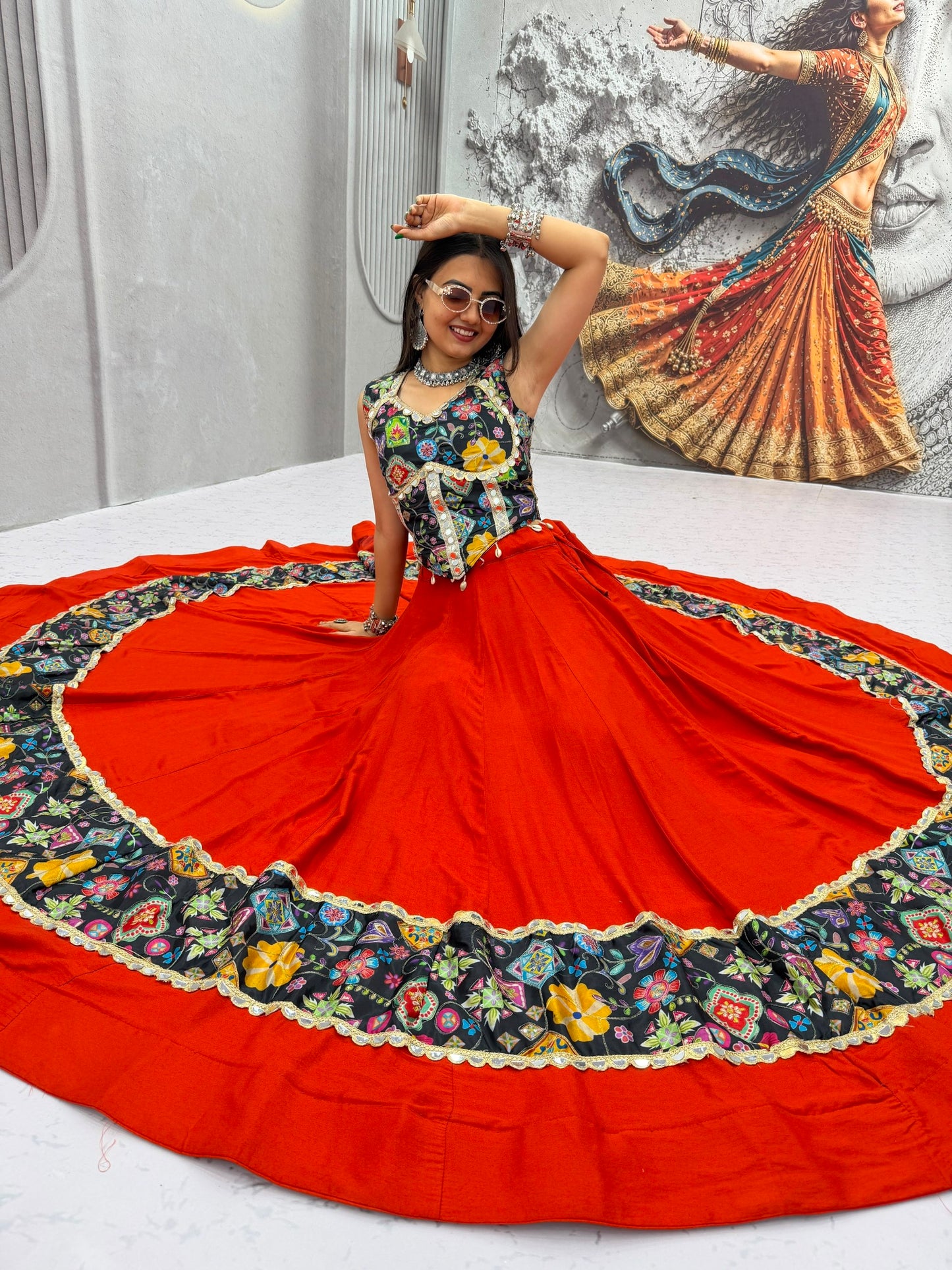 RangBhoomi Tapi-338 Big Flair 6 Meter Pure Cotton Lehenga Choli — Silk Choli, Fox Georgette Dupatta
