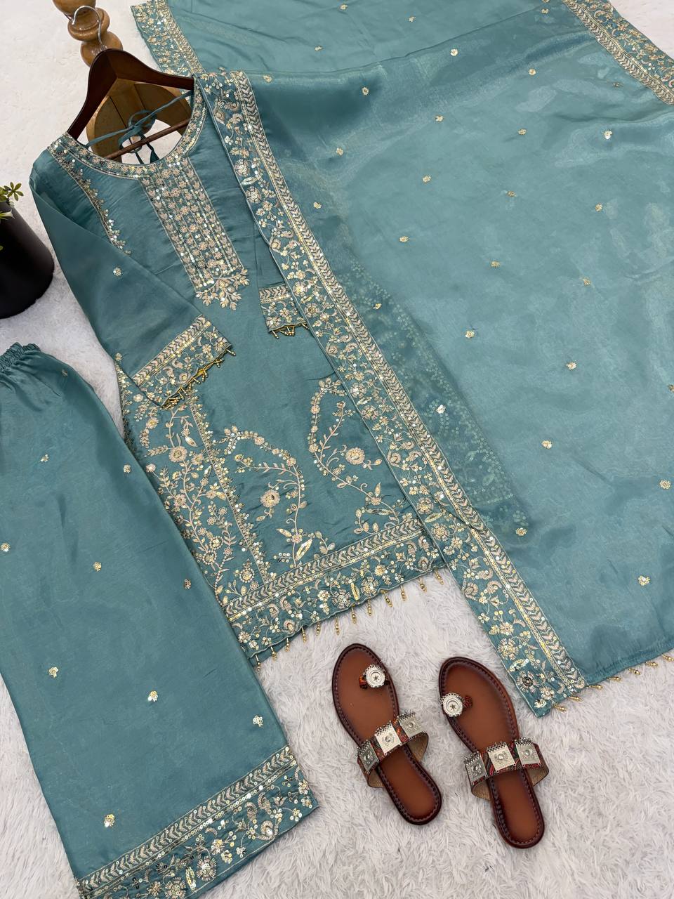 Elegant Designer Ready-to-Wear GMY Silk Three-Piece Set with Heavy Embroidery, Sequins, and Lace Border – Fully Stitched Top, Palazzo, and Dupatta