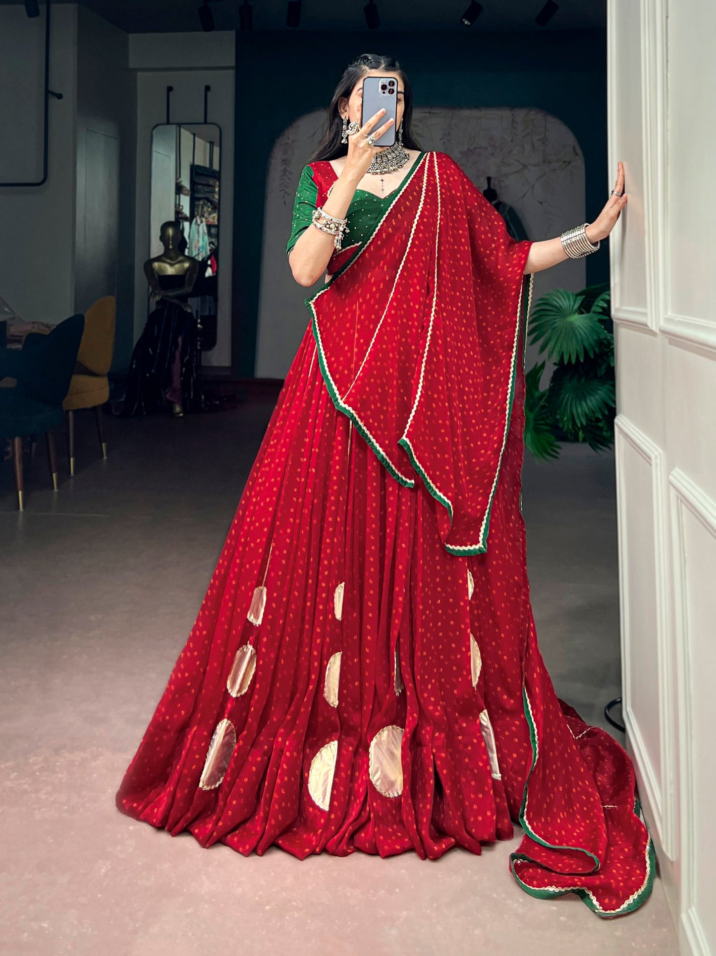 RangBhoomi Red Bandhej Satin Chiffon Lehenga Set — Navratri 2026