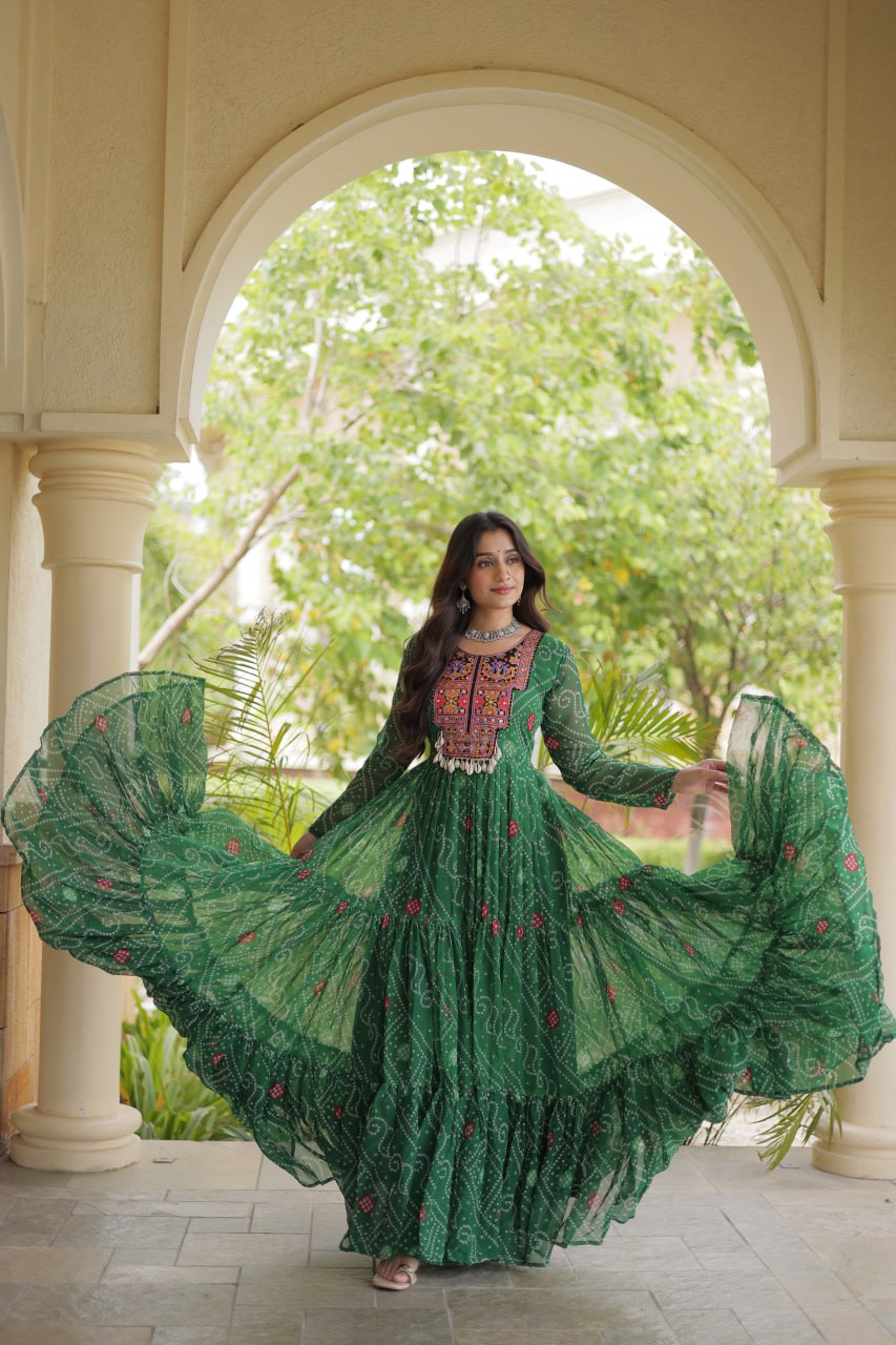 RangBhoomi Bandhani & Kutchi Patchwork Faux Georgette Gown — Festive Navratri Edition