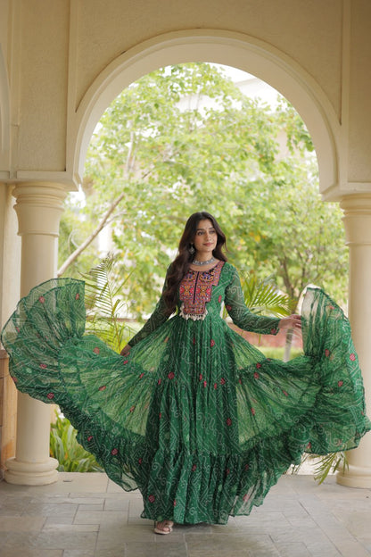RangBhoomi Bandhani & Kutchi Patchwork Faux Georgette Gown — Festive Navratri Edition