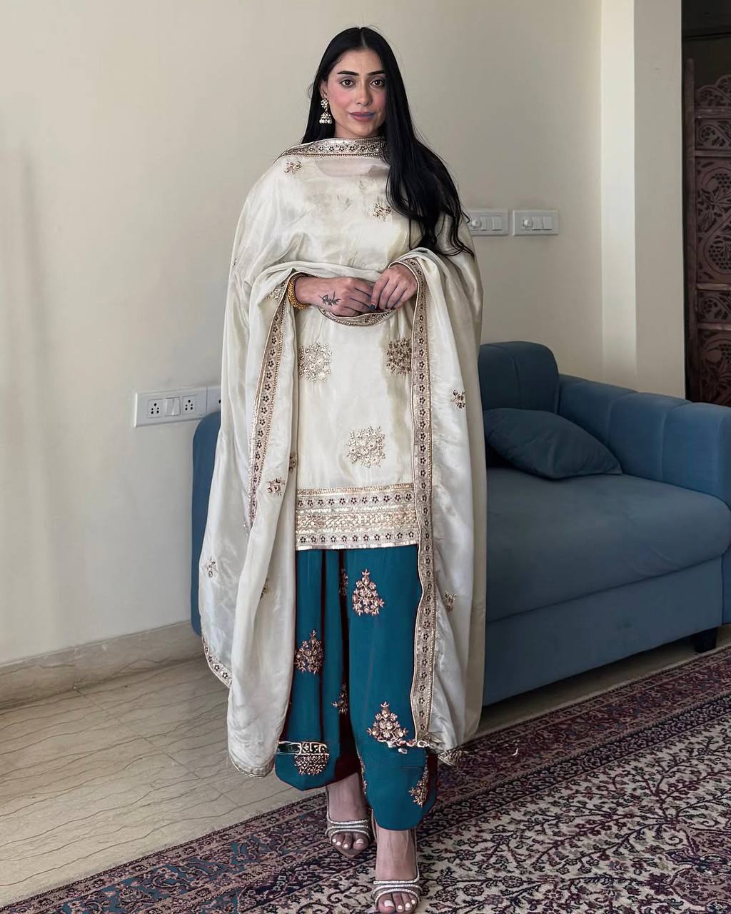 Full view of cream and teal embroidered Silk Splendor Party Wear by Rangbhoomi.