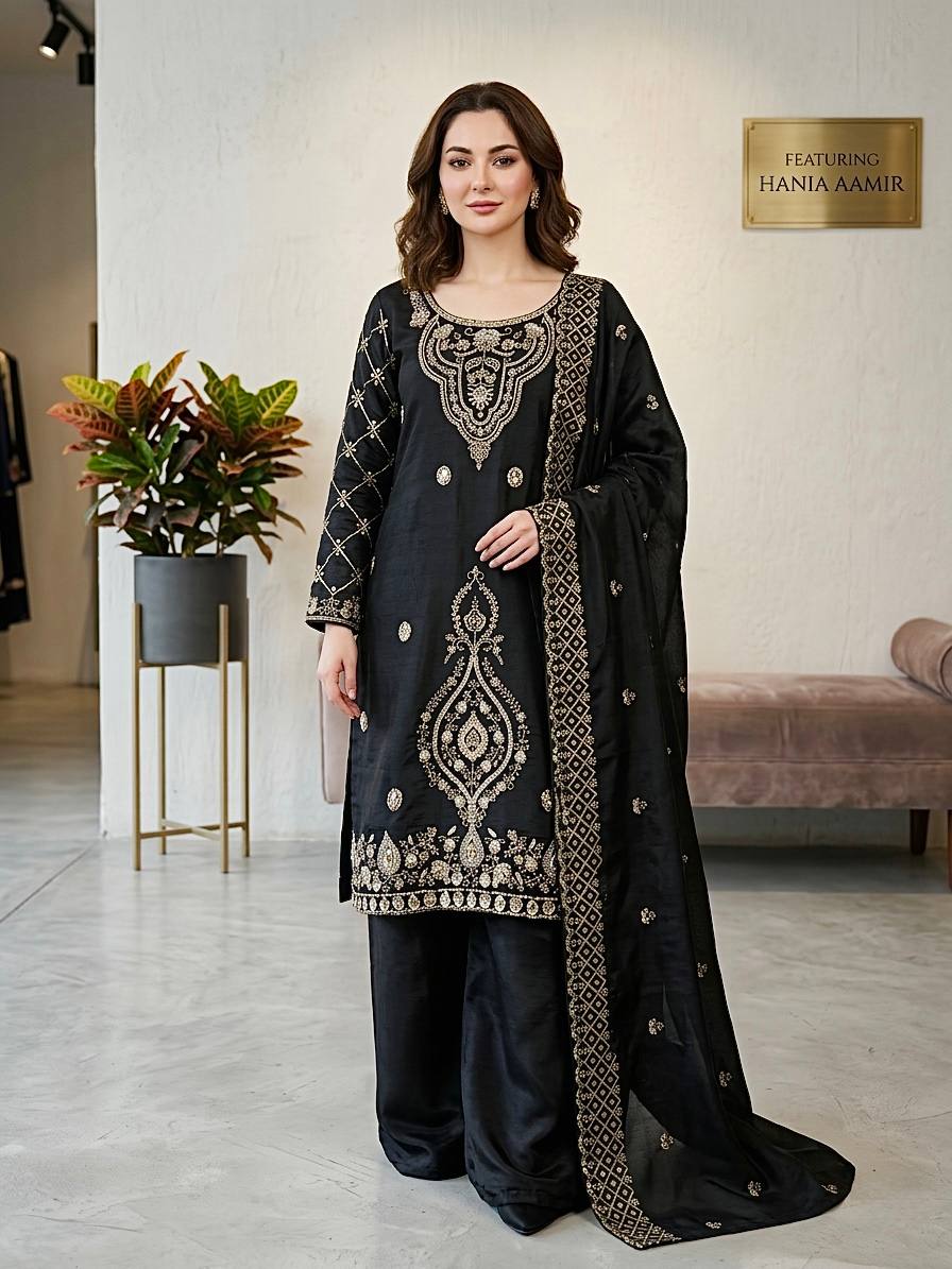 Elegant Designer Party Wear Top, Palazzos, and Dupatta Set with Intricate Heavy Embroidery and Beaded Detailing