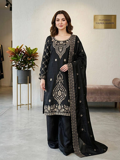 Elegant Designer Party Wear Top, Palazzos, and Dupatta Set with Intricate Heavy Embroidery and Beaded Detailing
