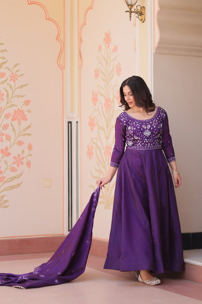 Elegant Gold Crush Embroidered Gown and Designer Dupatta Set