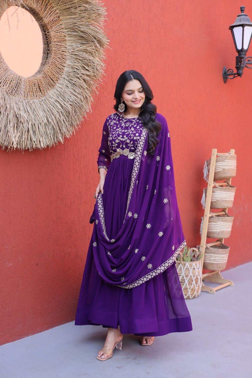 Elegant Gown and Dupatta Set with Embroidered Faux Blooming Fabric by RangBhoomi