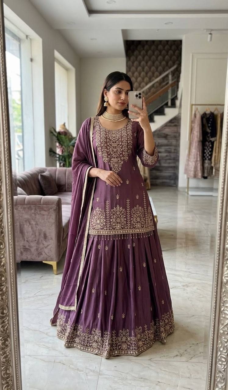 RangBhoomi Cinon Silk Embroidered Top, Lehenga & Dupatta Set - Elegant Festive Ensemble
