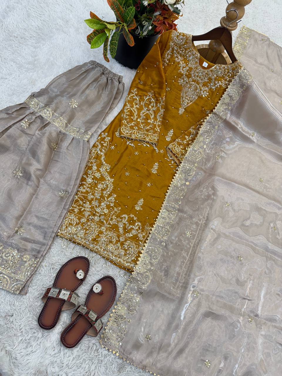 RangBhoomi Exclusive Designer Partywear Set – Pure Heavy GMY Silk with Elaborate Embroidery and Sequins