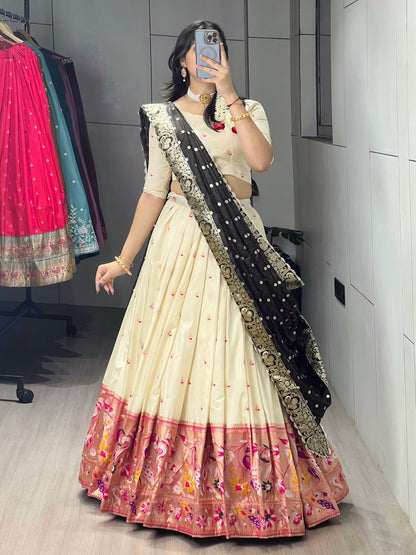 RangBhoomi Paithani Silk Lehenga Choli – Vibrant Traditional Maharashtrian Ethnic Wear with Gold Zari Detailing and Satin Silk Dupatta