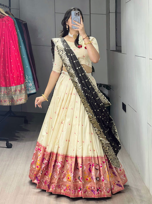 RangBhoomi Paithani Silk Lehenga Choli – Vibrant Traditional Maharashtrian Ethnic Wear with Gold Zari Detailing and Satin Silk Dupatta