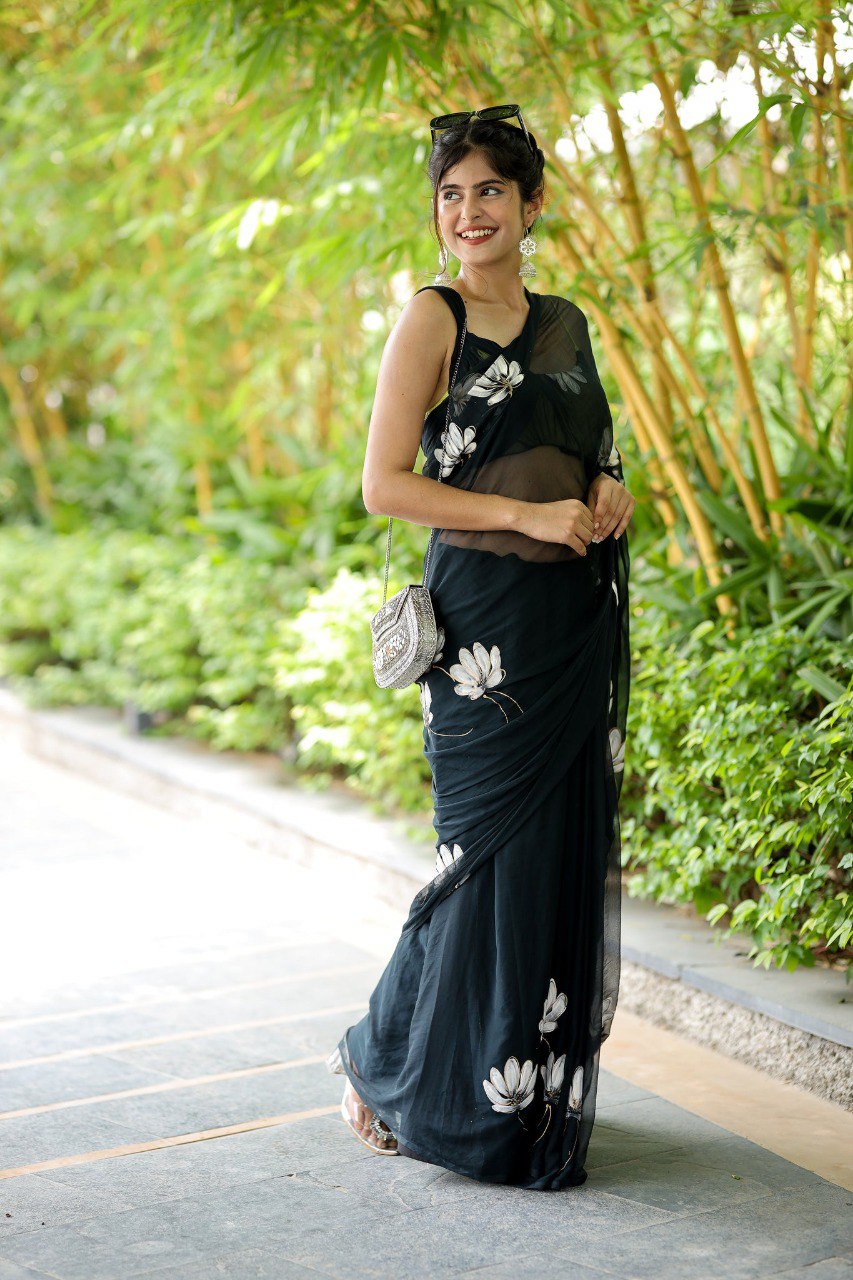 Black georgette ready to wear saree with elegant floral pattern, adjustable waist.