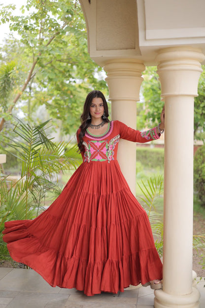 RangBhoomi Navratri Embroidered Kora Cotton Gown - Full Sleeve 54" Length (Rust, Purple)