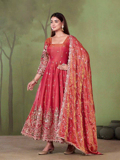 RangBhoomi Designer Party Wear Gown Set — 10 Colors, Heavy Jelly Shimmer Silk, Fully Stitched Embroidered Gown with Dupatta & Micro-Cotton Pant