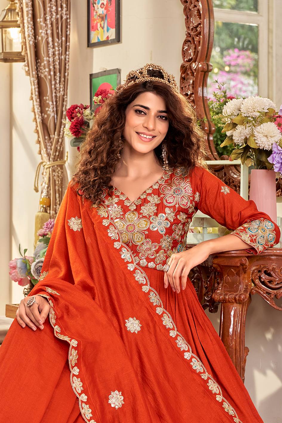 RangBhoomi Exclusive Festival Long Gown and Matching Dupatta Set with Heavy Embroidery