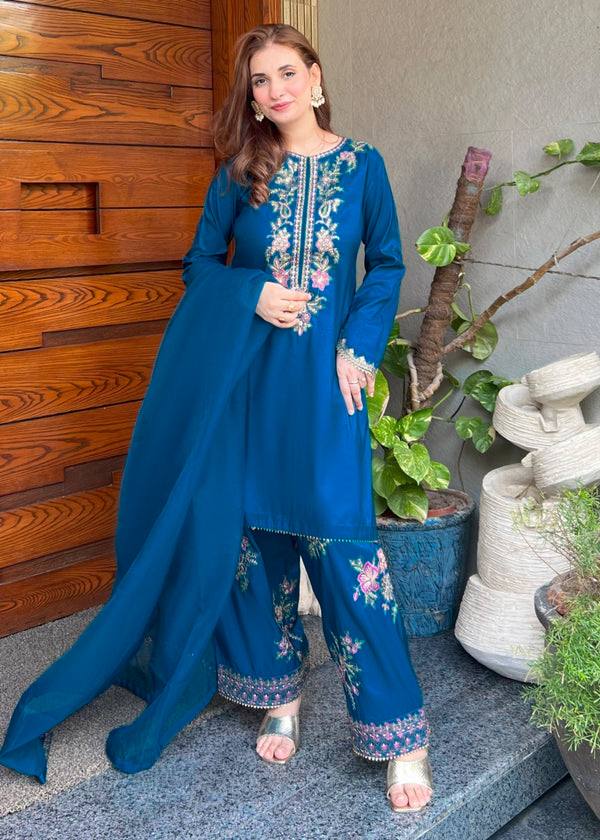 RangBhoomi Women's Premium Ethnic French Crepe Ensemble with Embroidered Thread Work, Full Sleeve Top, Farshi Pant, and GMY Silk Dupatta