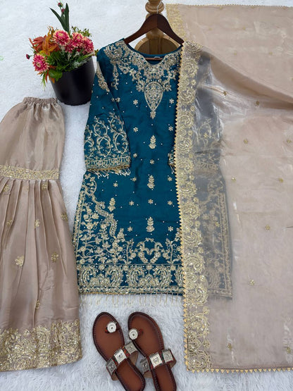 RangBhoomi Exclusive Designer Partywear Set – Pure Heavy GMY Silk with Elaborate Embroidery and Sequins