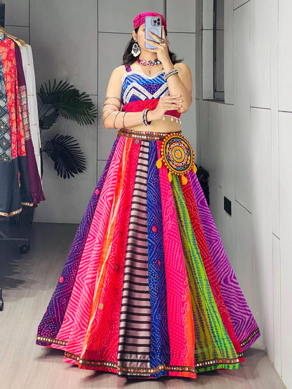 RangBhoomi Multicolor Bandhani-Inspired Chaniya Choli Set — Navratri Ready (Lehenga, Blouse, Scarf & Batwa)