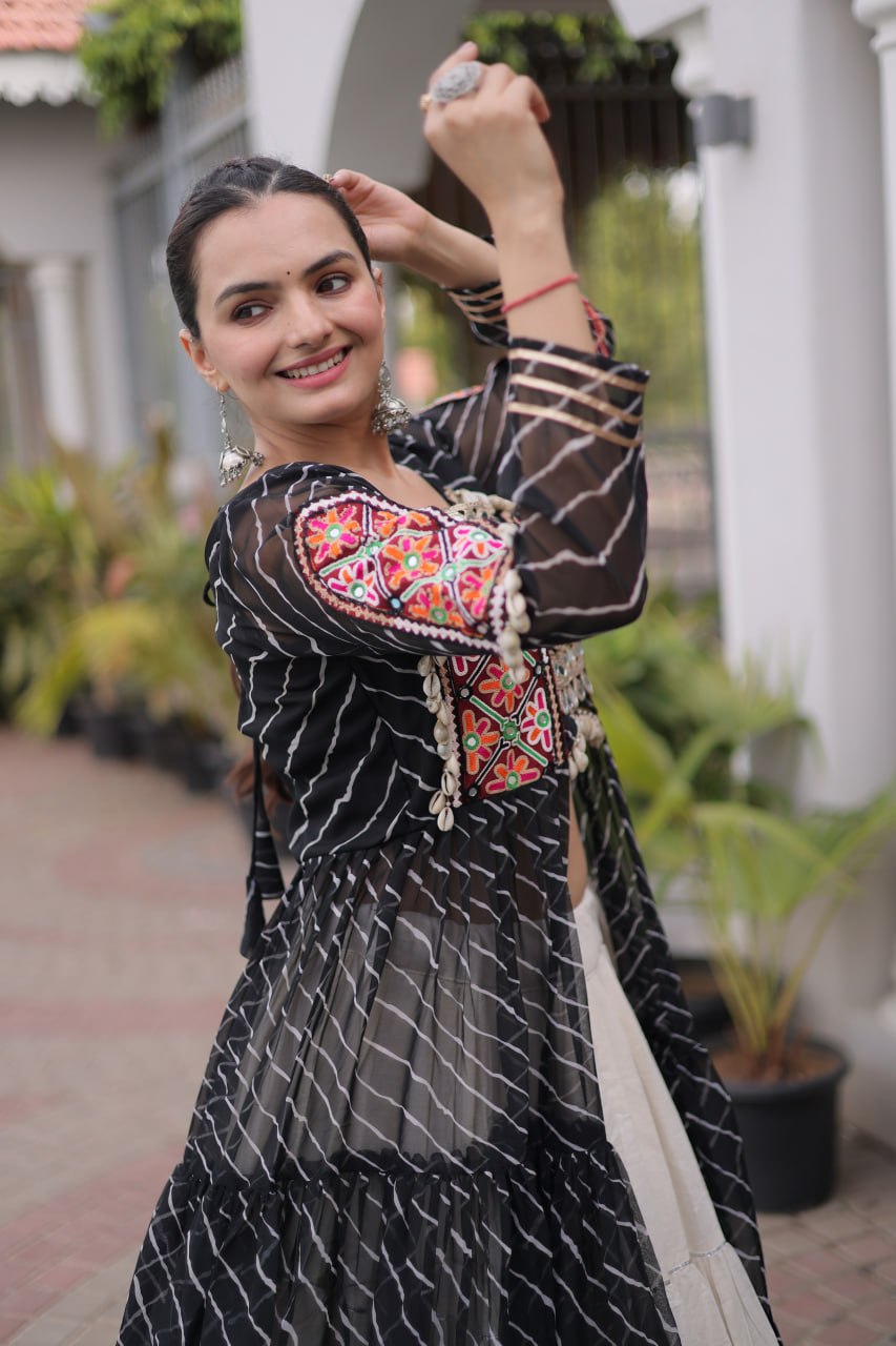 RangBhoomi Kora Cotton Lehenga & Faux Georgette Kurti Set - Full-Stitched, Frilled Lehenga, Laheriya Print Kurti