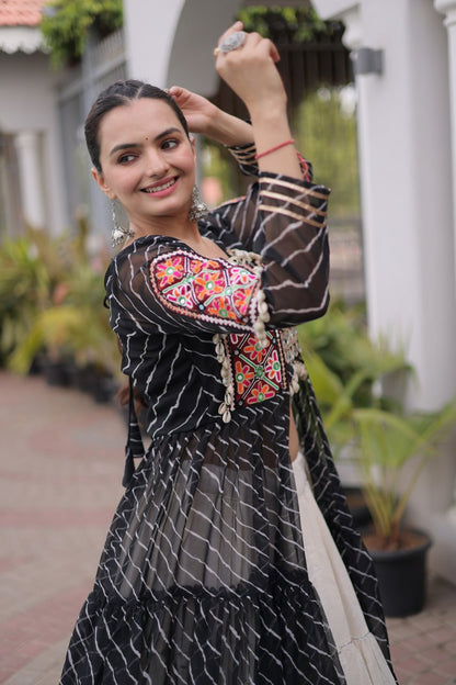 RangBhoomi Kora Cotton Lehenga & Faux Georgette Kurti Set - Full-Stitched, Frilled Lehenga, Laheriya Print Kurti