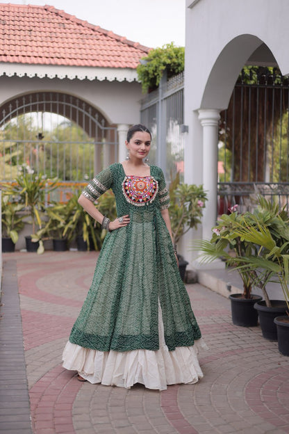 RangBhoomi Navratri 2026 Bandhani Lehenga Set — Full-Stitched Kora Cotton Lehenga with Faux Georgette Kurti