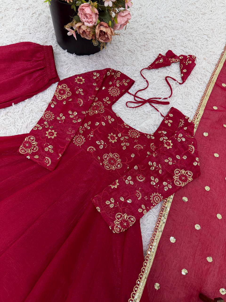 RangBhoomi Women's Elegant Ethnic Wear Set with Silk Gown, Pants, and Embroidered Dupatta