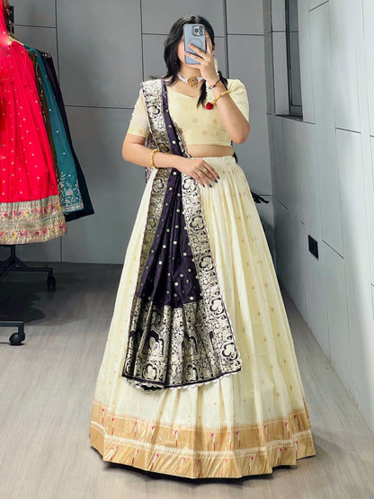 Exquisite Paithani Silk Lehenga Choli with Iconic Gold Zari Border and Satin Silk Dupatta