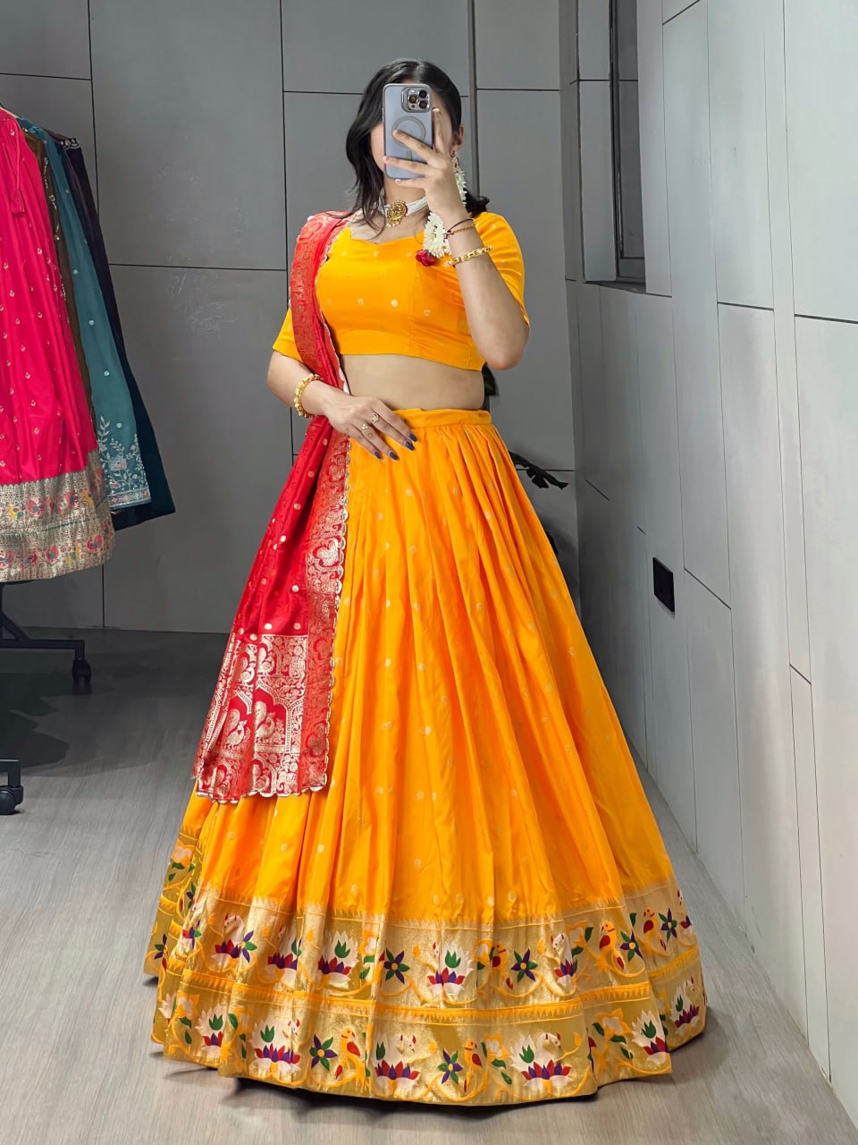 Golden Paithani Silk Lehenga with Intricate Zari Weaving and Satin Silk Dupatta