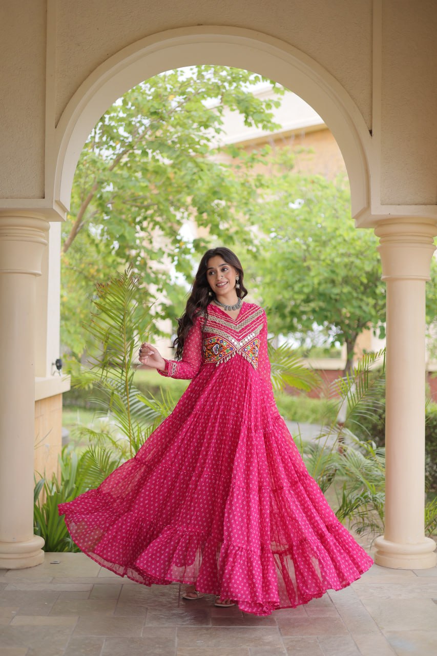RangBhoomi Bandhani & Kutchi Patchwork Faux Georgette Gown — Navratri Special