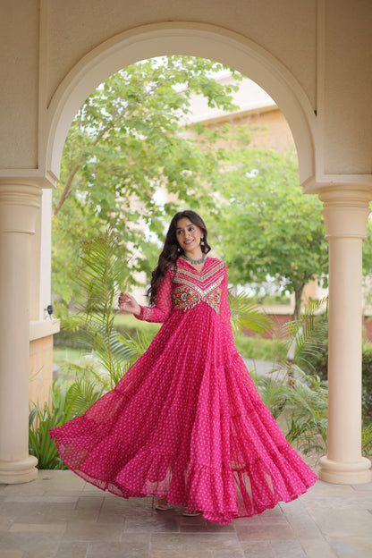 RangBhoomi Bandhani & Kutchi Patchwork Faux Georgette Gown — Navratri Special