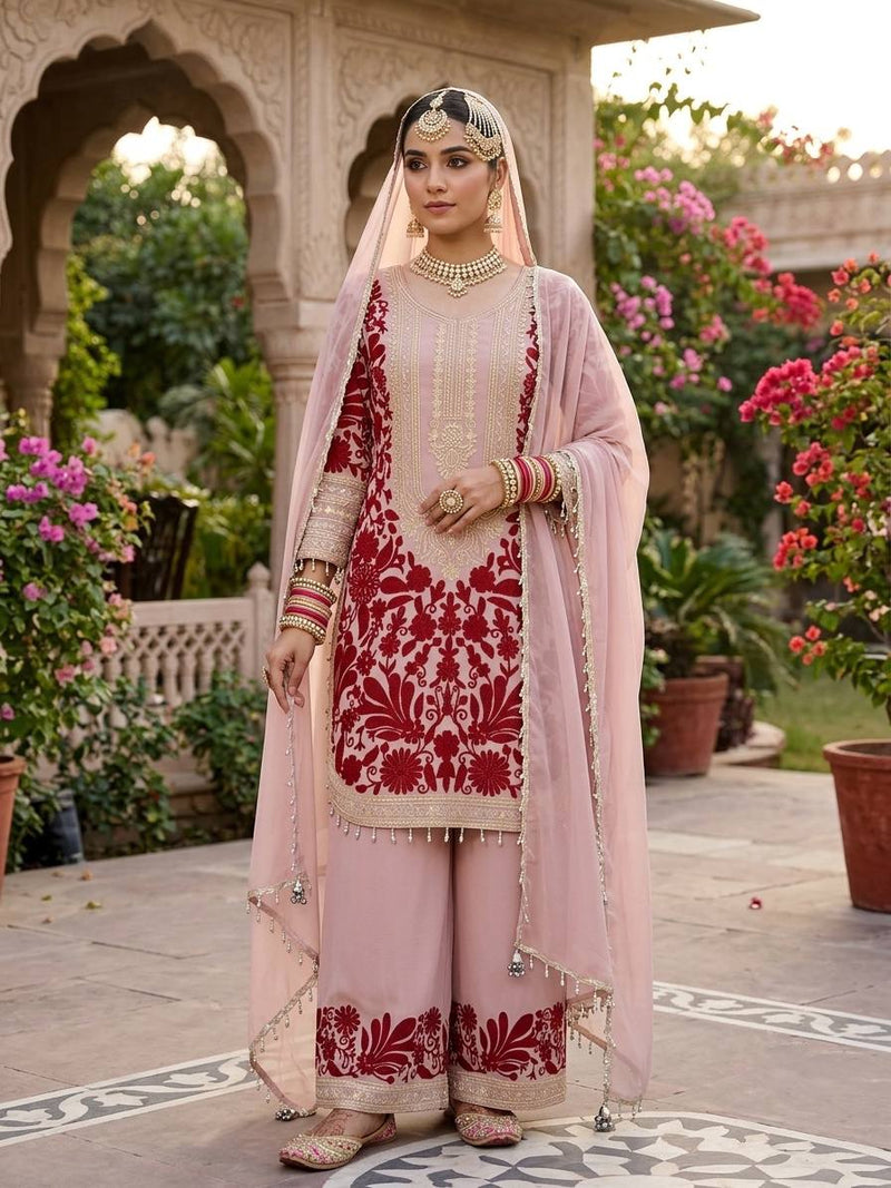 RangBhoomi Designer Party Top, Palazzo & Dupatta Set with Heavy Embroidery