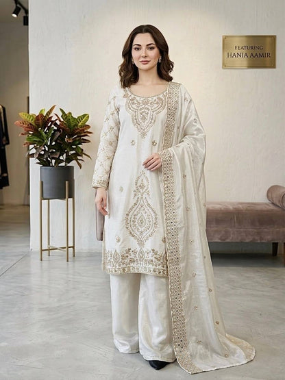 Elegant Designer Party Wear Top, Palazzos, and Dupatta Set with Intricate Heavy Embroidery and Beaded Detailing
