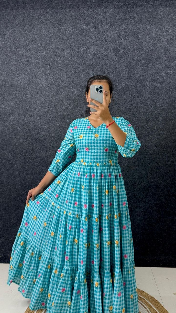 RangBhoomi Elegant New Cotton Sunflower Print Midi Dress with Realistic Modeling