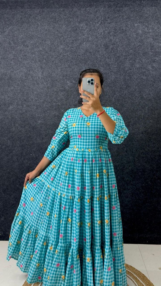 RangBhoomi Elegant New Cotton Sunflower Print Midi Dress with Realistic Modeling