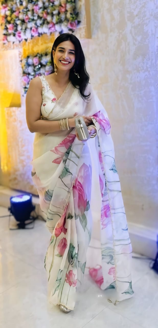 Ready to Wear Organza Saree - Floral Print, Lightweight